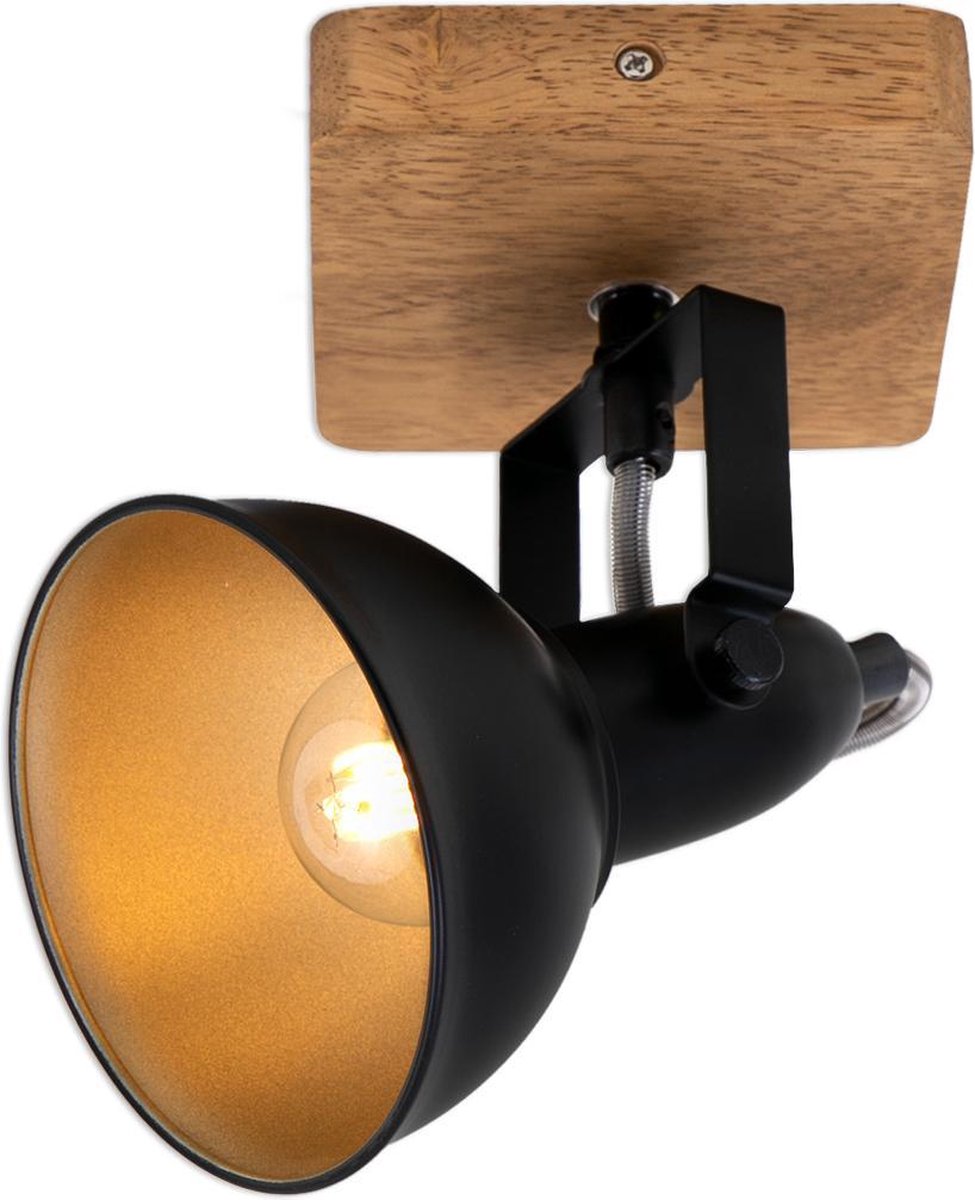 Briloner Leuchten WOOD & STYLE wandlamp - spot draaibaar - E14 - Hout en Metaal - Zwart en goud