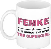 Naam cadeau Femke - The woman, The myth the supergirl koffie mok / beker 300 ml - naam/namen mokken - Cadeau voor o.a verjaardag/ moederdag/ pensioen/ geslaagd/ bedankt