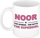 Naam cadeau Noor - The woman, The myth the supergirl koffie mok / beker 300 ml - naam/namen mokken - Cadeau voor o.a verjaardag/ moederdag/ pensioen/ geslaagd/ bedankt