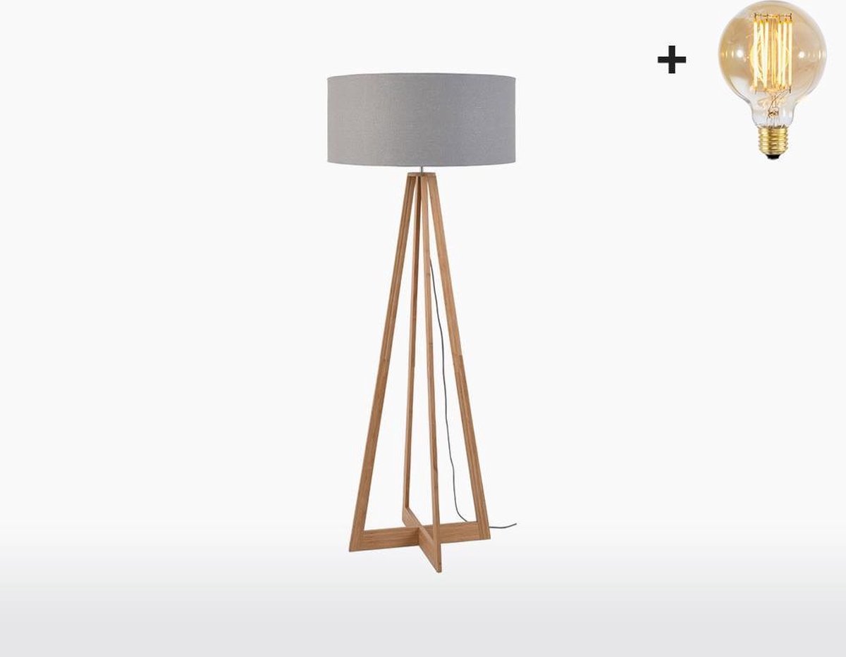 Vloerlamp – EVEREST – Bamboe Voetstuk - Lichtgrijs Linnen - Met LED-lamp