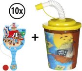 10 Uitdeelcadeautjes voor Kinderen - Traktatie voor Verjaardag - 3D-beker Piraat met Houten Racket en Bal