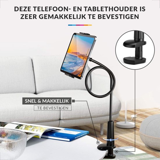 YONO Tablet Houder Flexibel - Smartphone Standaard Universeel - Statief geschikt voor Bureau Tafel en Bed - iPad - Telefoon - GSM - Zwart - YONO