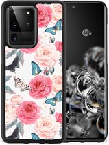 Telefoontas Geschikt voor Samsung Galaxy S20 Ultra Smartphone Hoesje met Zwarte rand Butterfly Roses