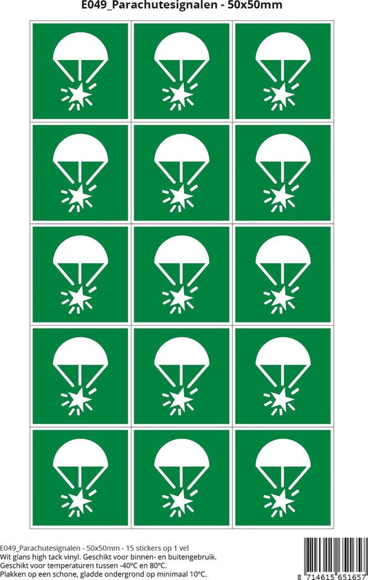 Pictogram sticker E049 Parachutesignalen - 50x50mm 15 stickers op 1 vel