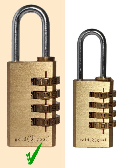 Twee gouden cijfersloten met 4 cijfers, naast elkaar op een lichte achtergrond.