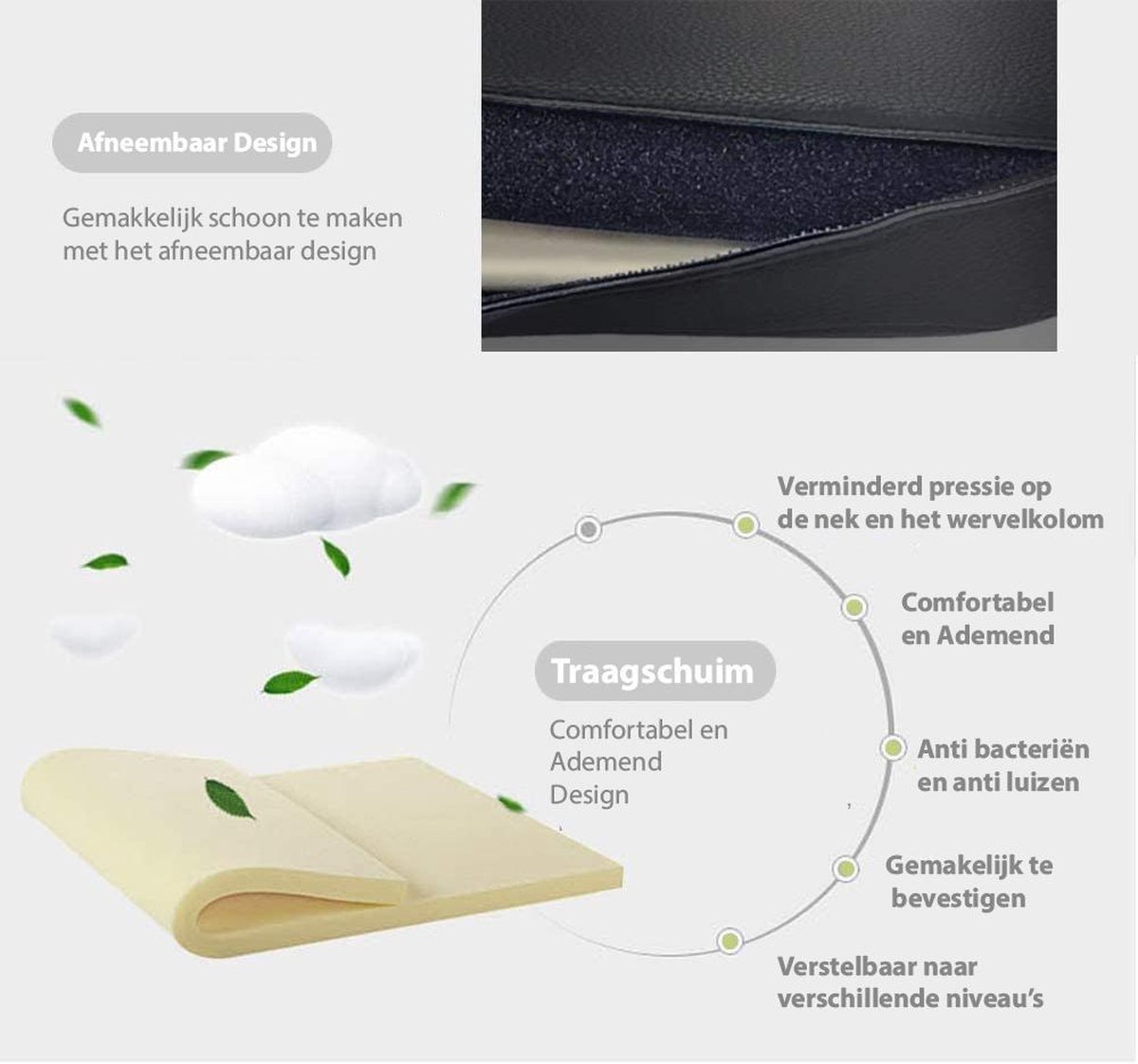 Aipwerer Hoofdsteun voor kinderen en volwassenen, zacht traagschuim, 180 graden instelbare afneembare neksteun, zijdelingse hoofdsteun, neksteun, om in de autostoel te slapen (Grijs, A05 PVC