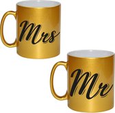 Gouden Mr and Mrs cadeau mok / beker - 330 ml - keramiek - bruiloft / huwelijk / jubileum â€“ cadeaumokken voor bruidspaar / koppels