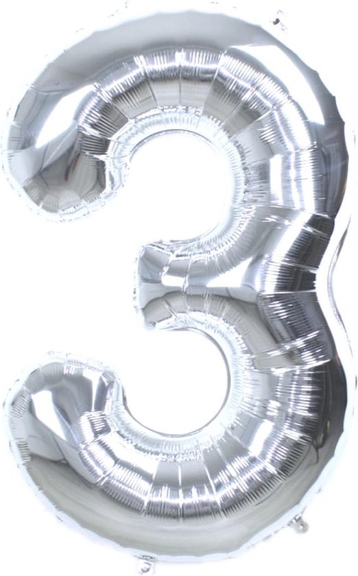 Folie Ballon Cijfer 3 Jaar Zilver 36Cm Verjaardag Folieballon Met Rietje