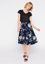 LOLALIZA Midi rok met bloemenprint - Marine Blauw - Maat S