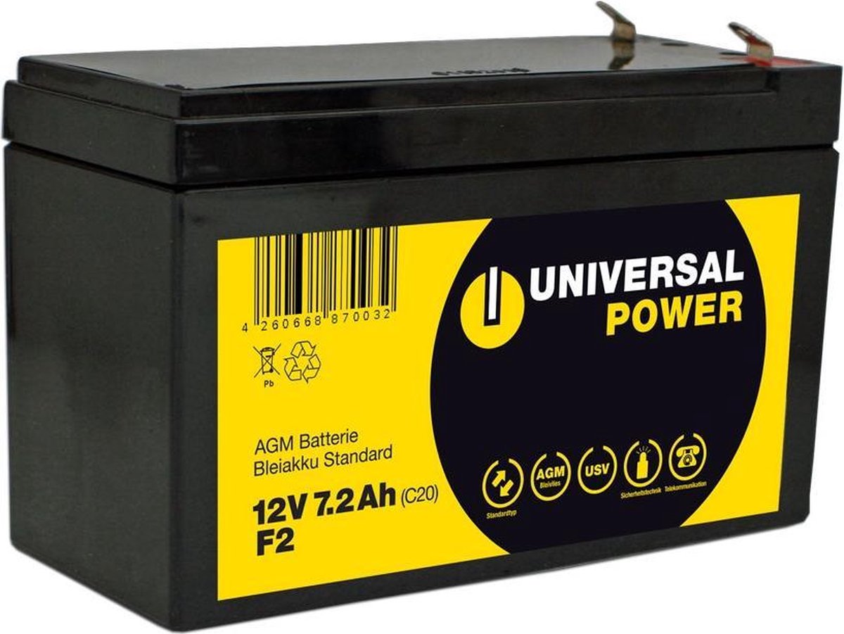 Universal Power Universal Power AGM UPS12-7.2 F2 12V 7.2 Ah AGM Batterij UPS Batterij Onderhoudsvrije Aansluiting F2 4260668870032