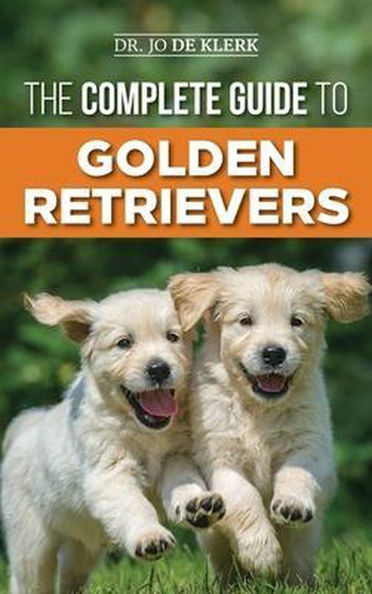Boek "The Complete Guide to Golden Retrievers" met twee rennende puppy's op de voorkant.
