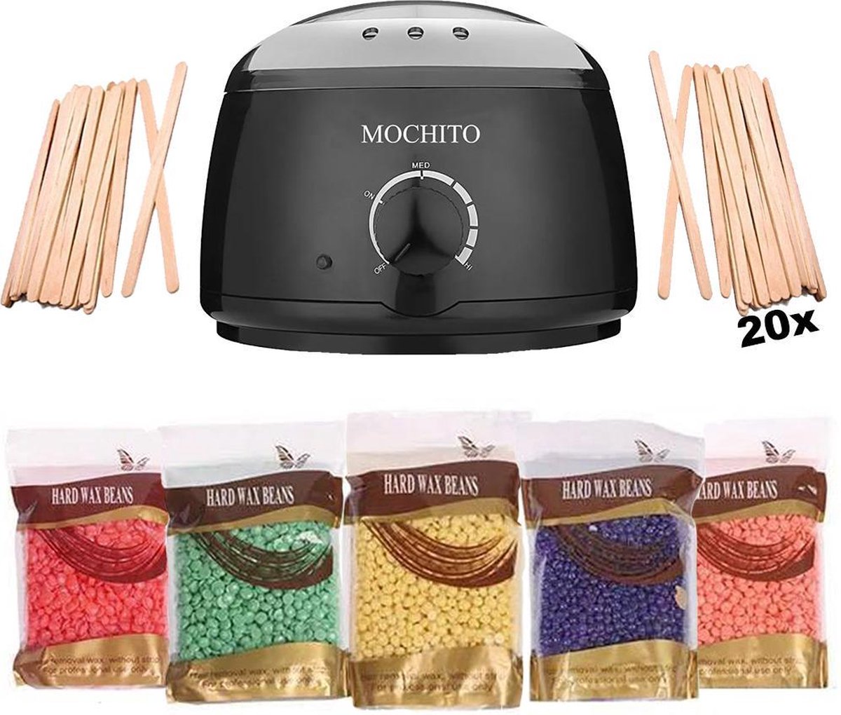 Mochito® Professioneel Wax Ontharing Set – Ontharingsapparaat – 500g Wax Bonen & 20 Spatels – Voor Lichaam en Gezicht - Zwart - MOCHITO