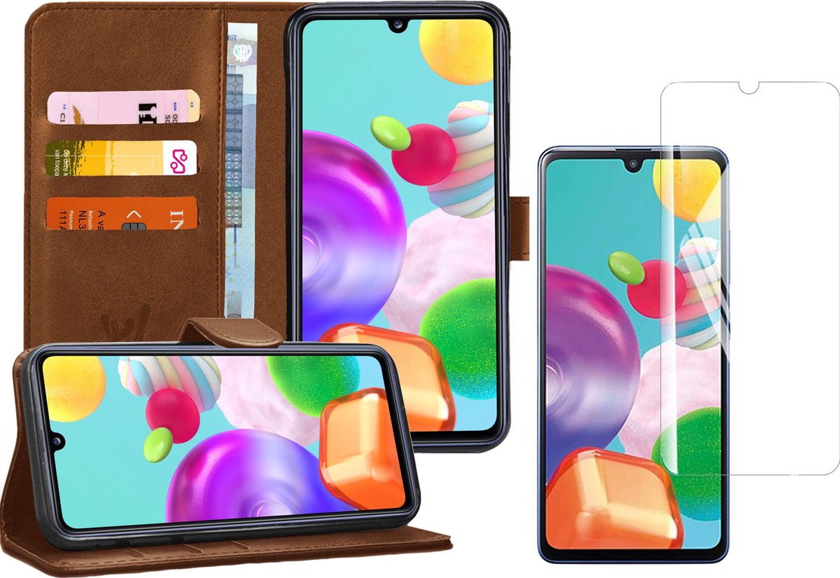 Hoesje geschikt voor Samsung Galaxy A41 - Screen Protector GlassGuard - Book Case Kunstleer Pasjeshouder Bruin & Screenprotector