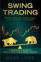 Boek 'Swing Trading' door Mark Lowe. Gouden stier en beer op weegschaal met beursgrafiek. Titel 'Swing Trading' in goud.