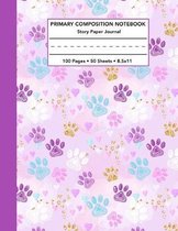 Primary Composition Notebook: Cute Cat Paw Pattern Story Note Book w/ Writing, Drawing & Picture Space - Pink Purple Blue White & Gold Glitter Draw