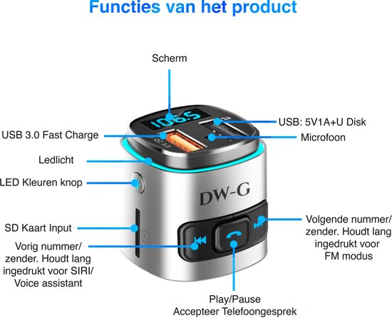 DW-G Bluetooth FM Transmitter - Auto Lader - Carkit - Handsfree - MP3 - USB - SD Kaart - Snel Lader - Audio Receiver - DW-G