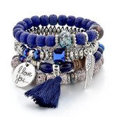 ‘I love you’ armband – Blauw – Handgemaakte bedelarmband – Boho armband – Vriendschapsarmband – Kralenarmband – Ibiza armband – 4-laags – Boho chique