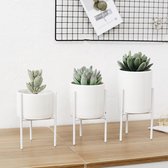 3 design bloempotten op witte metalen pootjes - wit keramiek met gat