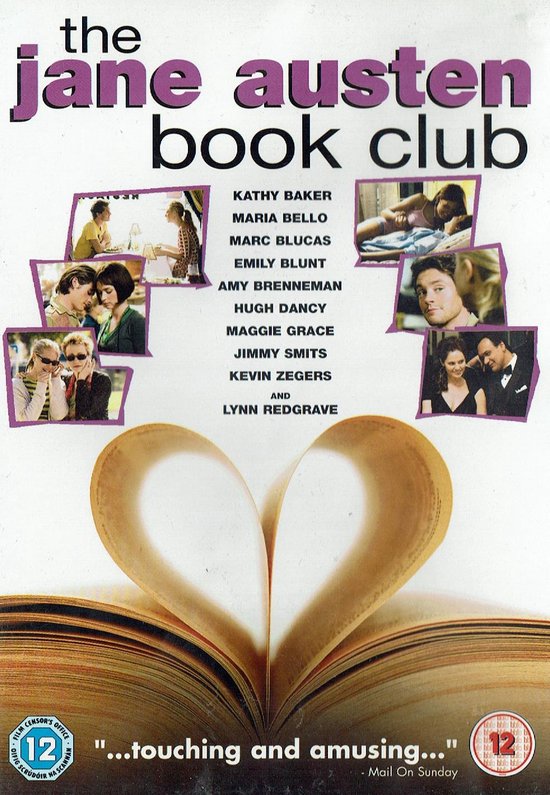De poster voor de film The Jane Austen Book Club toont de titel en de cast, met in het midden een open boek dat een hart vormt.