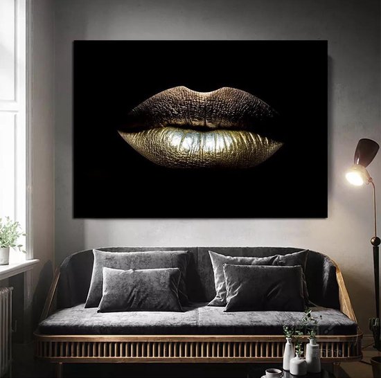 Glasschilderij - Gouden lippen - 80 x - Schilderij fotokunst - print op glas | bol.com