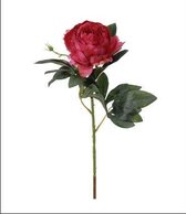 Kunstbloem - Zijde - Pioenroos - Rood - 60 cm - Boeket van 5 stuks - 1 roos per stengel - In cadeauverpakking met gekleurd lint