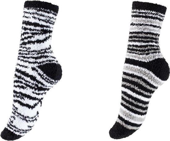 Socke - 2 Paar Dames Bedsokken Huissokken Stripe Fantasy & 2 Paar Bedsokken Stripe Grey Black Multipack Unisex Maat One size - Kerstcadeau Voor Vrouwen - Thermosokken - Dikke Sokken