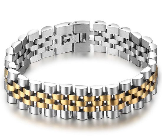 Jubilee Stijl Heren Armband - Horlogeband Stijl - Zilver / Goud kleurig - Staal - 15mm - Armbanden - Cadeau voor Man - Mannen Cadeautjes - TrendFox