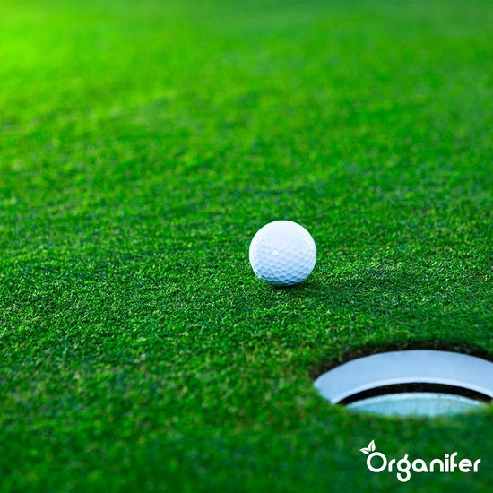 Een witte golfbal ligt op een groene golfbaan naast een hole, met het Organifer logo.