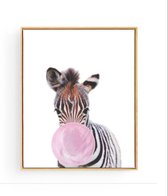 Postercity - Design Canvas Poster Baby Zebra Roze Kauwgom / Kinderkamer / Dieren Poster / Babykamer - Kinderposter / Babyshower Cadeau / Muurdecoratie / 40 x 30cm / A3