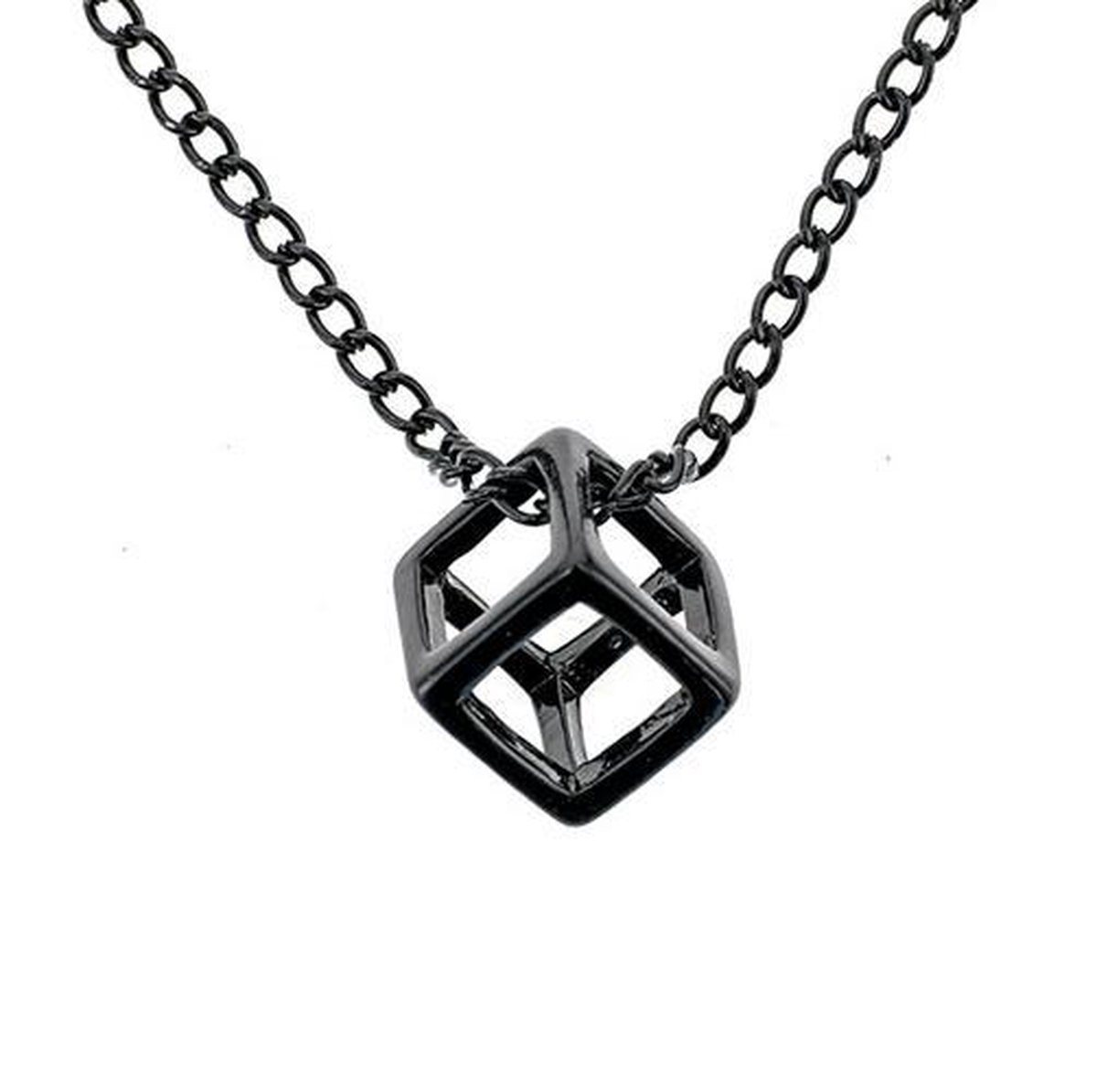 Kubus Ketting met Hanger - Zwart - Cube - Kettingen Heren Dames - Papa Cadeau Voor Mannen - Vaderdag