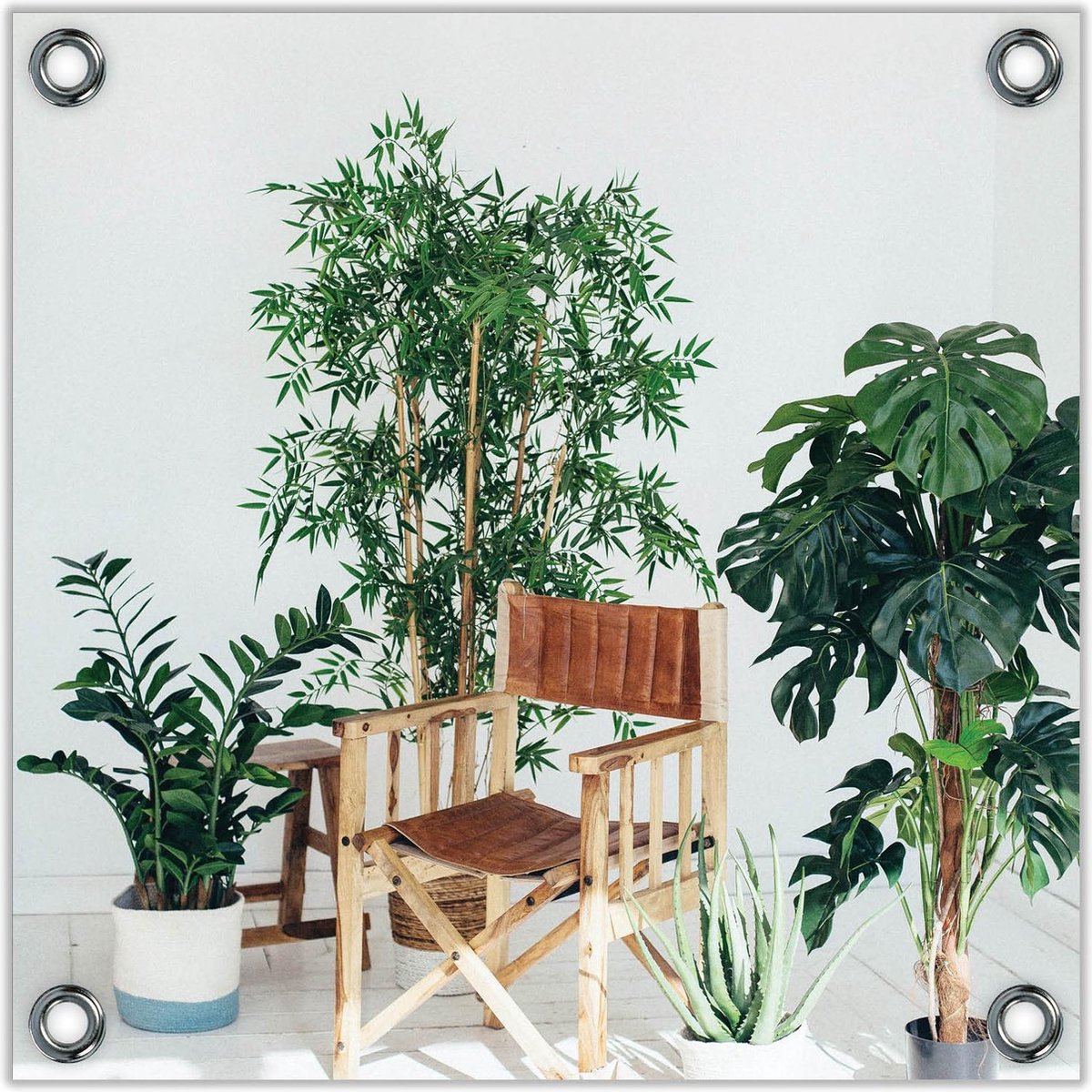 Tuinposter –Tuinstoeltje tussen Planten-80x80 Foto op Tuinposter (wanddecoratie voor buite