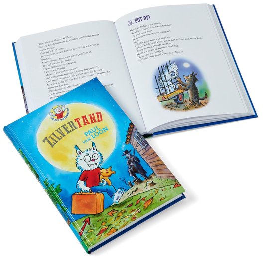 Open boek met de titel "Dolfje Weerwolfje 3 - Zilvertand", met illustraties van pagina's en de gesloten kaft.