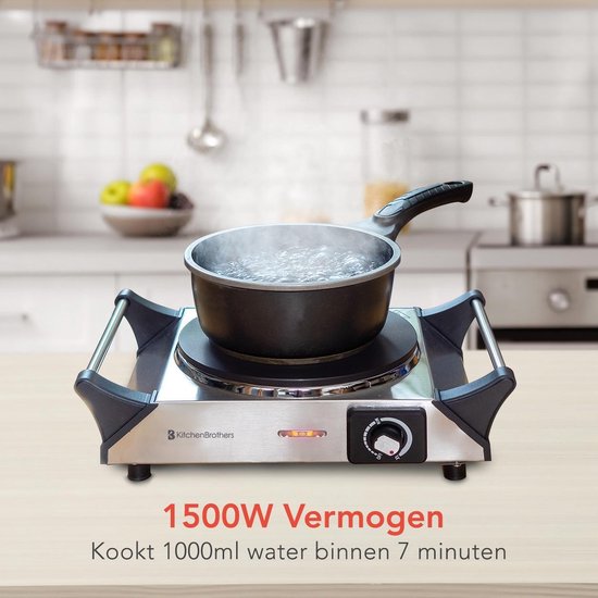 KitchenBrothers Elektrische Kookplaat - 1 Pits - 1500W - RVS - KitchenBrothers