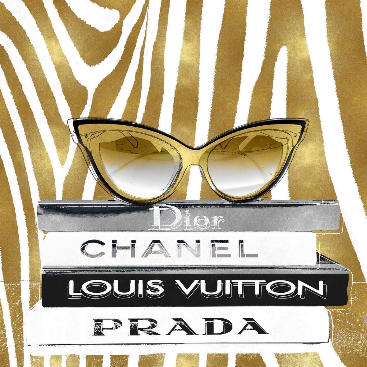 60 x 80 cm - glasschilderij met metaalfolie - Chanel met zebra print - schilderij fotokunst - verwerkt met goudfolie