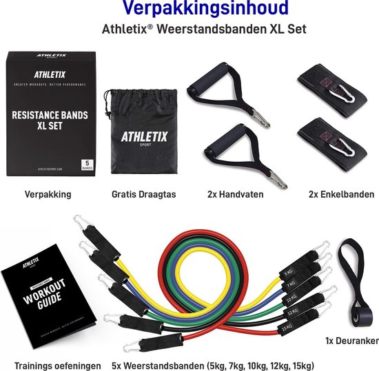 Athletix Weerstandsbanden XL Set - Handvaten - Enkelbanden - Gratis Draagtas & Oefeningen - 5 Resistance bands