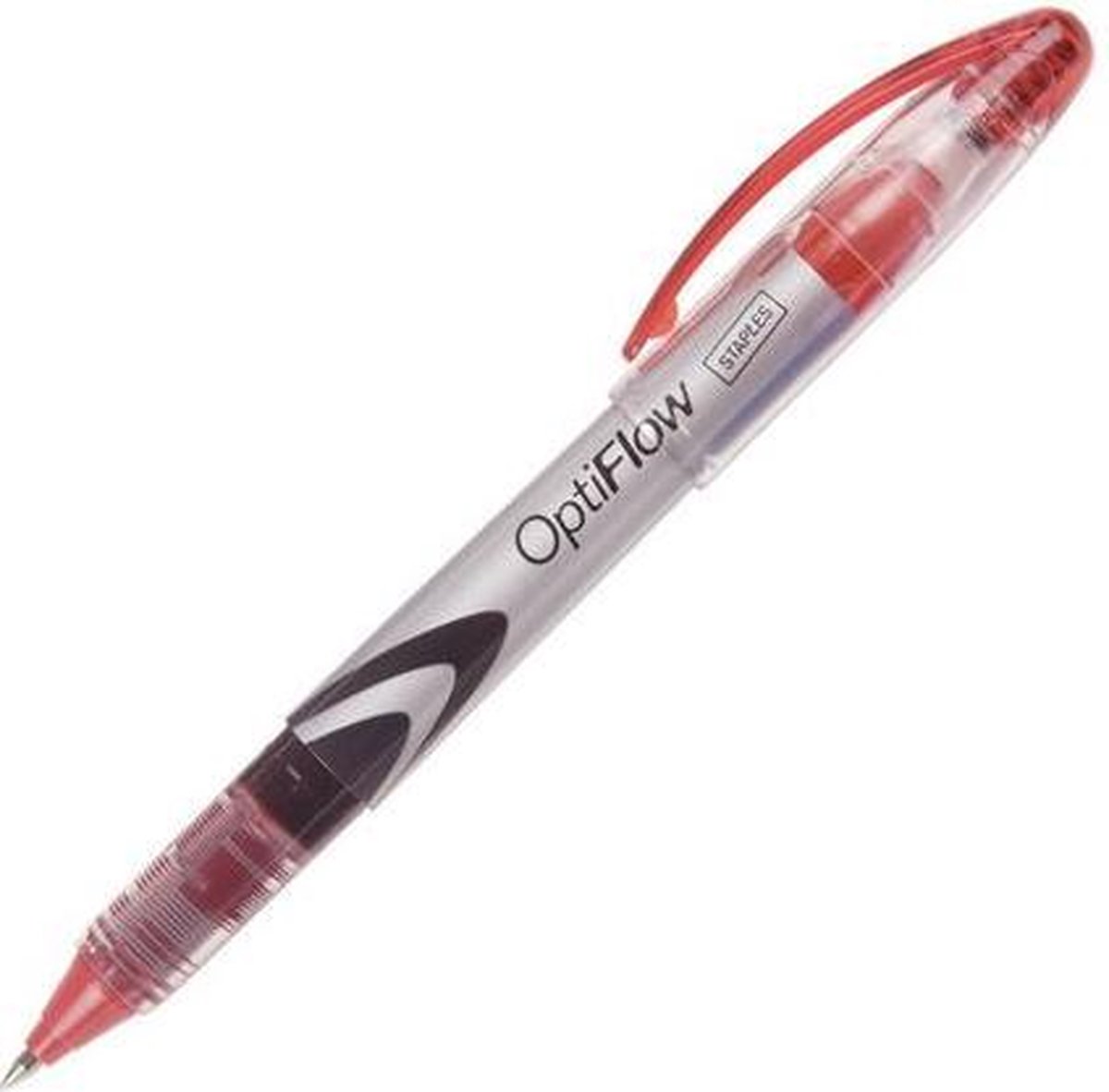 Staples OptiFlow stickrollerbalpen, fijne punt van 0,5 mm, rode inkt, rode huls (pak 12 stuks)