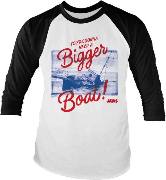 Wit raglan T-shirt met zwarte mouwen en de tekst 'YOU'RE GONNA NEED A BIGGER BOAT!' boven een gezonken schip.