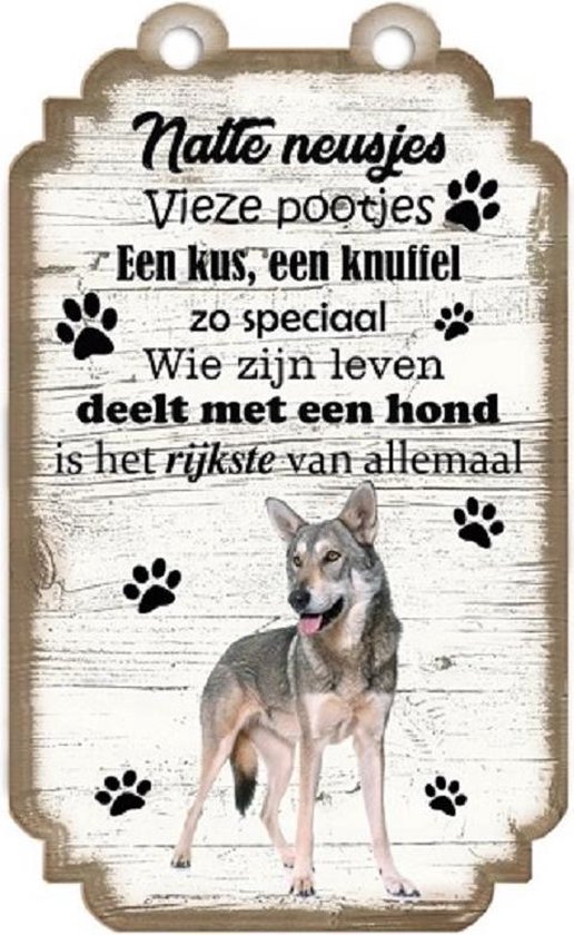 Saarlooswolfhond. Houten tekstbordje met hond 20 x 12 cm