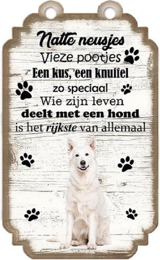 Foto: Zwitserse witte herder houten tekstbordje met hond 20 x 12 cm