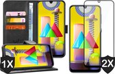 Hoesje geschikt voor Samsung Galaxy M31 - 2x Screen Protector FullGuard - Book Case Leer Pasjeshouder Zwart & Screenprotector