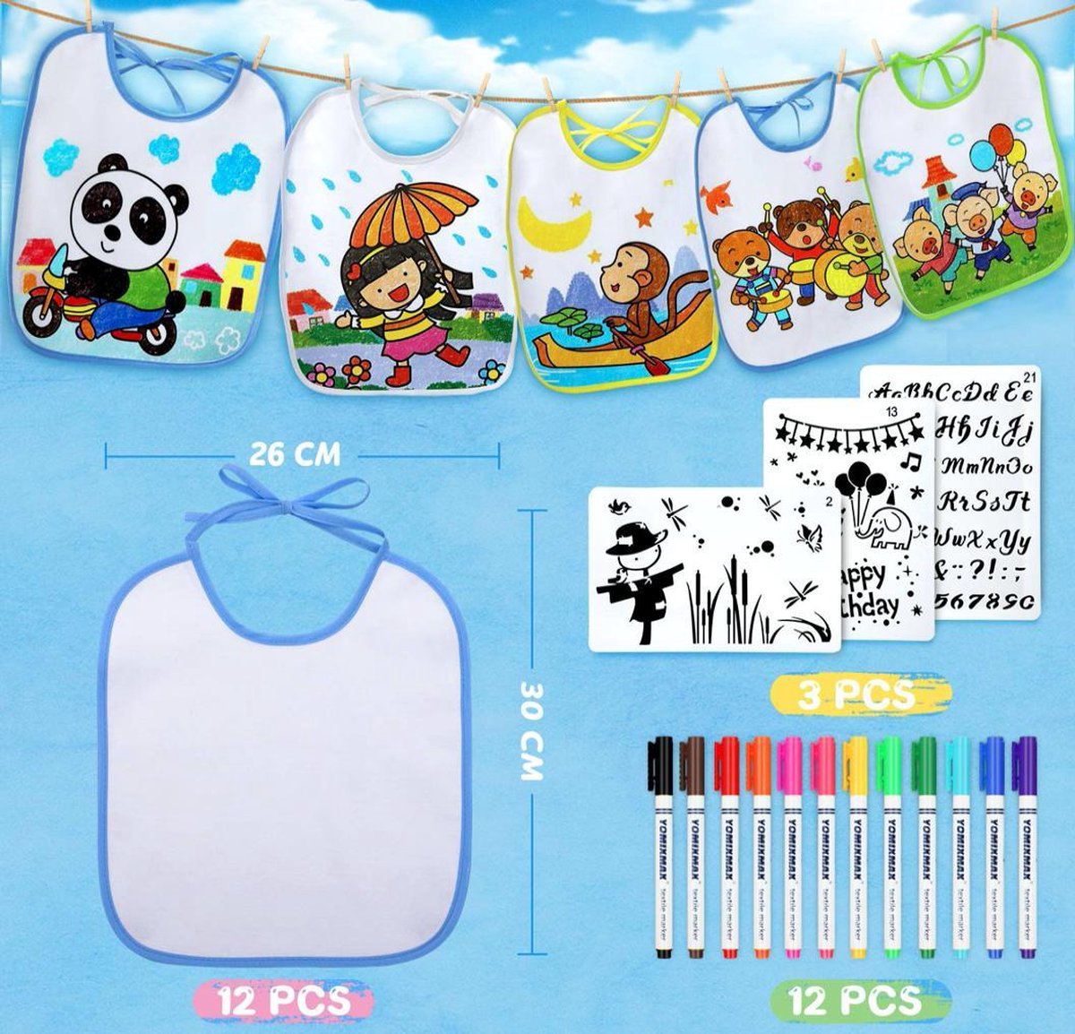 8 stuks babyslabbetjes om te beschilderen, babyslabbetjes van katoen met 8 schildersjablonen, 5 textielstiften, slabbetjes voor babyshower, feest, jongens en meisjes