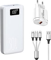 Powerbank - Quick Charge 3.0 - 30000 mah - Oplader iPhone - Oplader Samsung - 5 Poorten (Dual 2.4A USB/Micro-USB / USB-C / Apple Lightning) - Inclusief Adapter-en Kabels (3-in-1) - Geschikt v