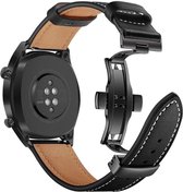 Universeel Smartwatch 20MM Bandje Echt Leer met Vlindersluiting Zwart