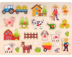 foto van Houten knopjes/noppen speelgoed puzzel boerderij thema 40 x 30 cm - Educatief speelgoed voor kinderen
