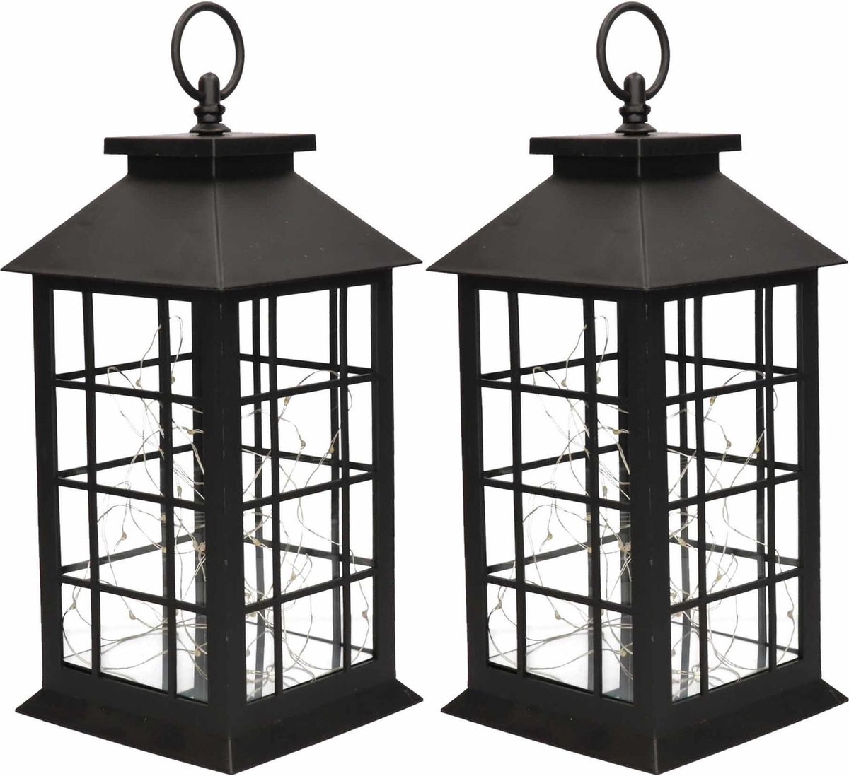 2x Zwarte decoratie lantaarns met LED lampjes 31 cm - Woondecoratie lantaarn  zwart met... | bol.com