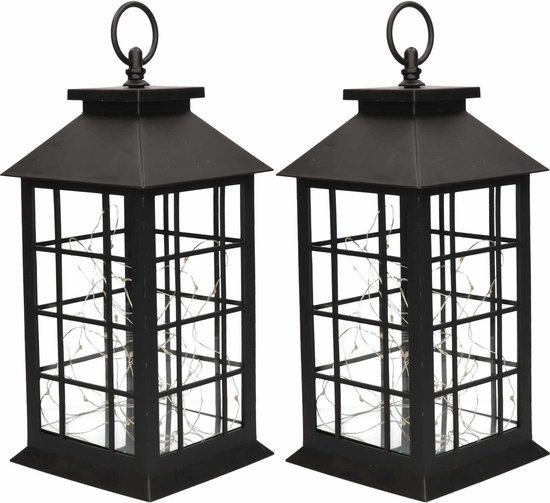kubiek inzet Zoekmachinemarketing 2x Zwarte decoratie lantaarns met LED lampjes 31 cm - Woondecoratie lantaarn  zwart met... | bol.com