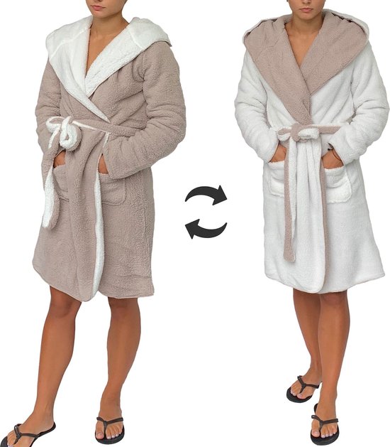 Sorprese - badjas – dubbelzijdig – beige en wit – maat S/M – badjas dames – badjas heren