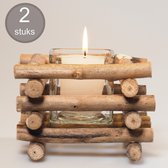 Gadgy Waxinelichthouder Hout – Theelichthouder - set van 2 - Windlicht -15x15cm - Ook voor kaarsjes