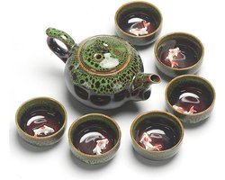 Chinese theeset keramiek - Theepot met 6 kopjes - Koi karper design - Groen