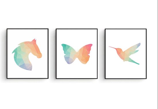 Postercity - Design Canvas Poster Set Geometrische Paard Vlinder en Kolibri - Specht / Kinderkamer / Dieren Poster / Babykamer - Kinderposter / Babyshower Cadeau / Muurdecoratie / 80 x 60cm